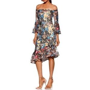 ALEXIA ADMOR Embroidered Sequin Cocktail Dress Off Shoulder Bell Sleeve Luxury